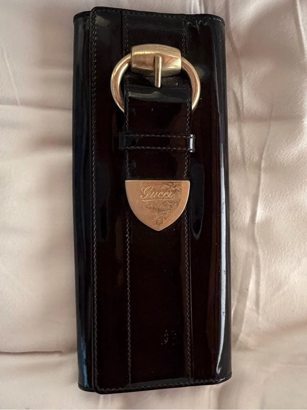 Gucci Black Patent Leather Clutch with Gold Crest Accent